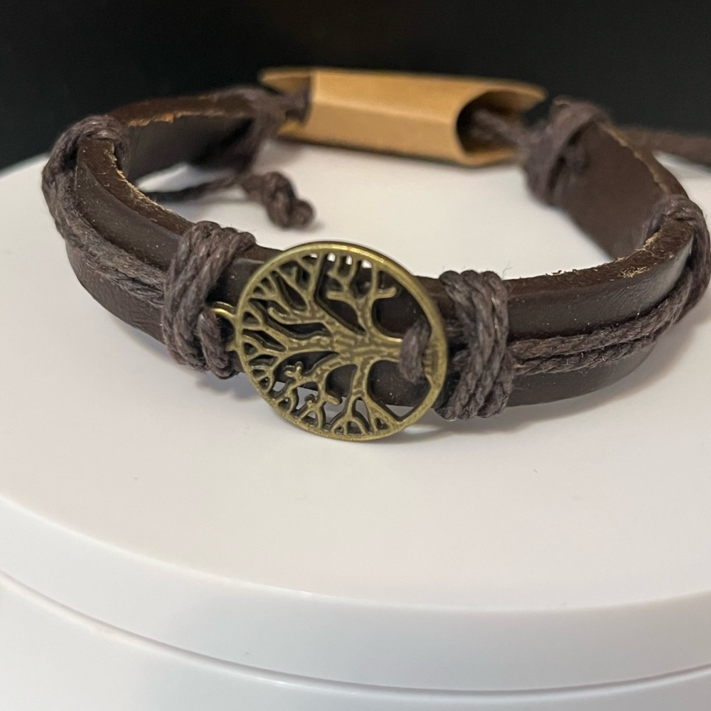 Brown Leather Band Tree of Life Antique Gold Adjustable Unisex Bracelet